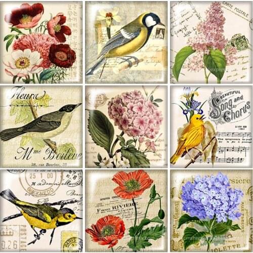 Fashion Vintage Birds Flowers 12mm/20mm/25mm/30mm Square glass cabochon flat back DIY Jewelry Findings Components