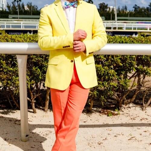 Fashion Gentleman Style Custom Yellow Suit With Orange Pants For Mens Wedding Suits Slim Fit Wedding Party Sets (Jacket+Pants)