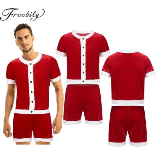 Adults Soft Velvet Santa Claus Xmas Costume Short Sleeve Red Tops with Shorts Set Men Christmas Party Cosplay Fancy Dress Outfit