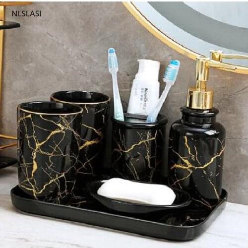 European Style Marble Ceramic Toiletries Bathroom Set Cup Toothbrush Holder Lotion Bottle Tray Bathroom Decoration Accessories