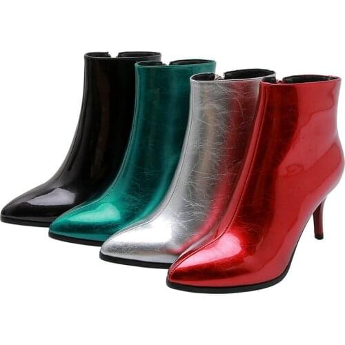 New Autumn Winter Patent Leather Stiletto Ankle Boots Concise All-Match Womens Shoes Fashion Pointed Toe Zipper Short Boots