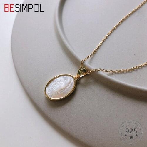 Besimpol 925 Sterling Silver Shell Maria Pendant Necklace Western Style Elliptical Pendant Necklace For Women Fine Jewelry Gift