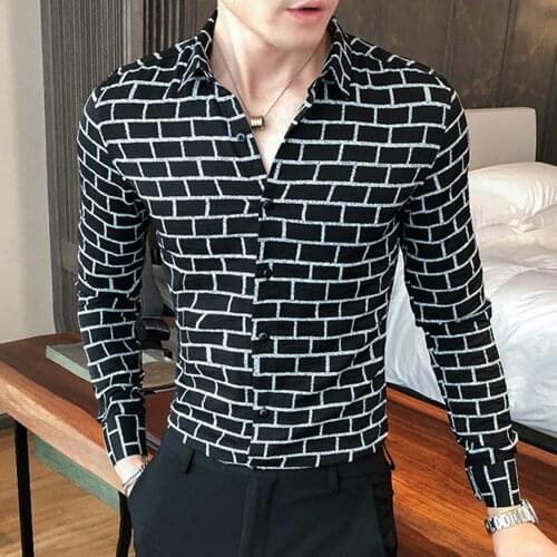 Plaid Shirt Streetwear Social Party Blouse British Style Men Business Casual Shirts 2021 Camisa Masculina Long Sleeve Slim Fit