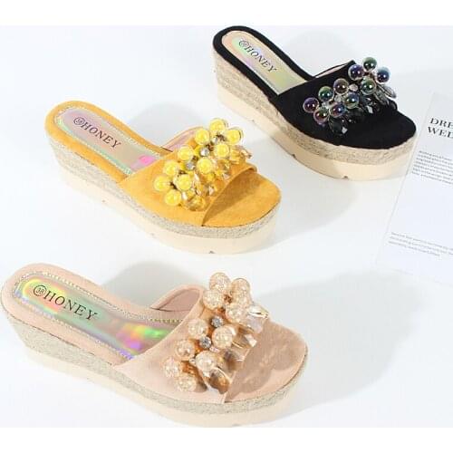 Slippers women 2021 summer new Handmade beaded High heel sandals women flat heel Fashionable rhinestone comfort Beach shoes 7CM