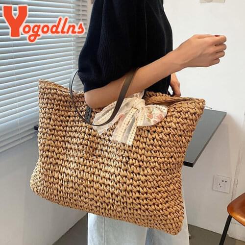 Yogodlns Summer Lace Ribbon Straw Bag Female Large Capacity Shoulder Bag Woven Handmade Totes Bag Travel Beach Bag Rattan Totes
