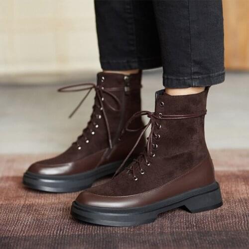 Spring Fashion Womens Shoes British Style Mid-Calf Boots Round Toe Female Lace-Up Patchwork Cotton Fabric OULYYYOGO