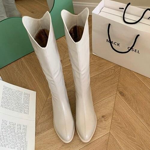 2021 Fashion Pointed Autumn Women Western Boots Square Heel Black White Knight Boots Fall Winter Side Zip Knee High Female Boots