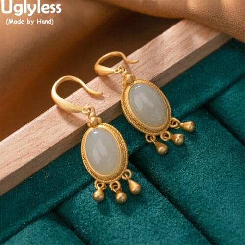 Uglyless Lovely Balls Tassels Gold Earrings for Women Real 925 Silver Brincos Bijoux Hetian Jade Earrings Ethnic Fashion Jewelry