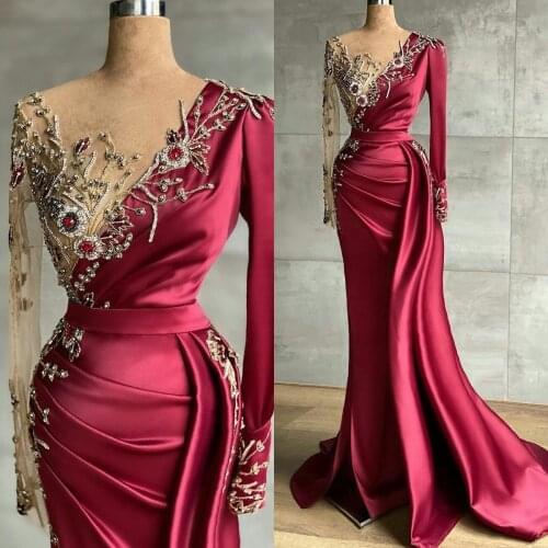 Real Image Dark Red Evening Dresses Sheer Jewel Neck Beaded Long Sleeve Mermaid Prom Dress with Crystal Women Formal Party Gown