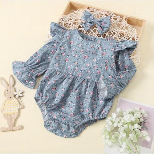 2Pcs Sweet Style Baby Girls Romper Outfit Toddlers Summer Autumn Floral Printing Fly Long Sleeve Princess Romper+Bow Headwear