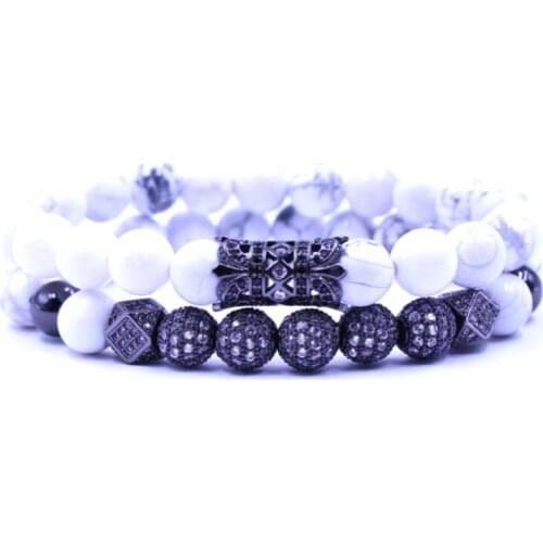 8mm 2PCS/Set hdf2 elastic adjusted nature white Howlite bead micro pave cz zircon cubic zirconia tube Bracelet Jewelry