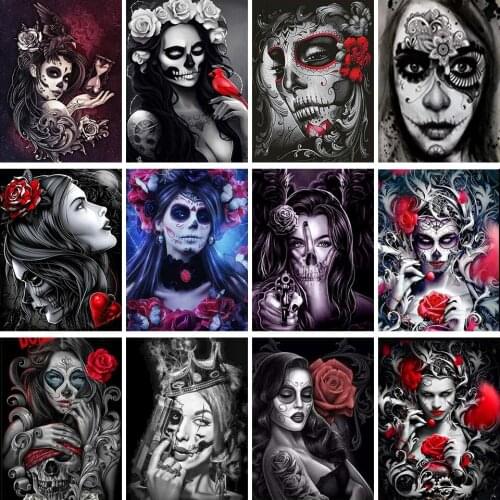 5D DIY Diamond Painting Skull Girl Cross stitch Full Drill Square Diamond Embroidery Halloween Gift Mosaic Crystal Picture Decor