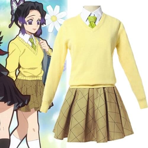Anime Kimetsu no Yaiba Cosplay Demon Slayer Costume Kochou Shinobu Sailor Suit Sweater Shirt Skirt Girls JK School Uniform Wigs
