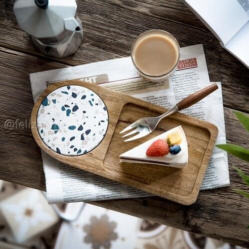 Acacia wooden tray with coaster groove tray for one person coffee dessert wooden tray net red plate