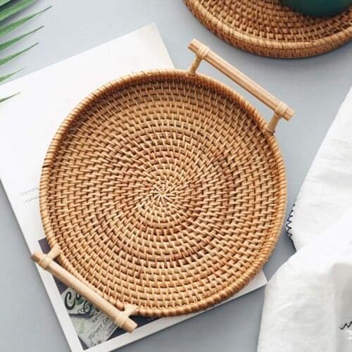 Rattan Storage Tray Round Basket with Handle Hand-Woven Rattan Tray Wicker Basket Bread Fruit Food Breakfast Display L