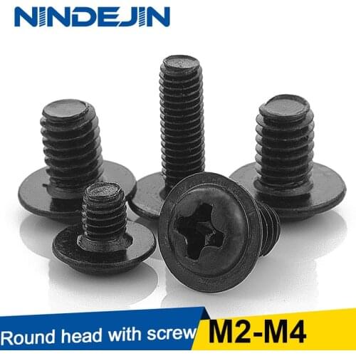 NINDEJIN 40-100pcs M2 2.5 M3 M4 Carbon Steel Cross Phillips Pan Round Truss Head with Washer Padded Collar Machine Screw PWM