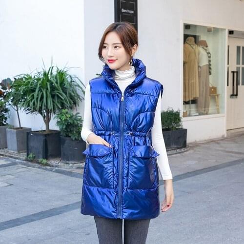 New 2021 Winter Vests For Women Coat Warm Fashion Vest Female Waistcoat Stand-Up Collar Long Outerwear Lady Blue