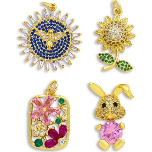 OCESRIO CZ Brass Sun Flower Necklace Charms for Jewelry Making Wholesale DIY Crystal Charms for Jewelry Making Boho pdta307