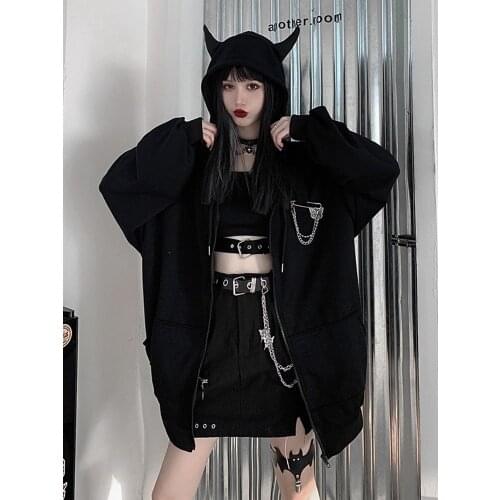Autumn Top Punk Zipper Kawaii Hooded Oversized Hoodie Female Casual Black Little monster hat Oversize Coat Sweatshirt Streetwear