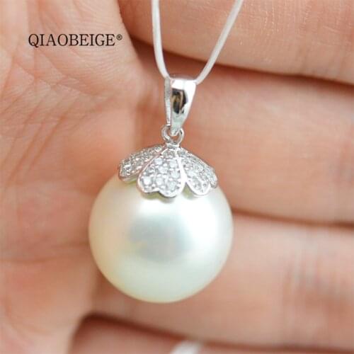 QIAOBEIGE Accessories For Women Pearl Clover Charm Pendant DIY Pendant Mountings 925 Sterling silver Big round bead 14-15-18mm