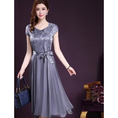 Plus Size 2021 Summer Short-Sleeve Elegant Dress Women Slim Ladies Artificial Silk Dress Womens Splicing Temperament Vestidos