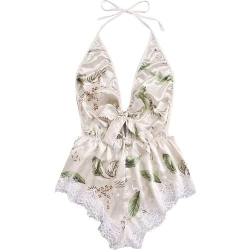 StylishBar Silk Sleepwear Women Lingerie Women Printed Lace Stain Bow Lingerie Bodysuit Backless Pajamas Silk Jumpsuit Underwear