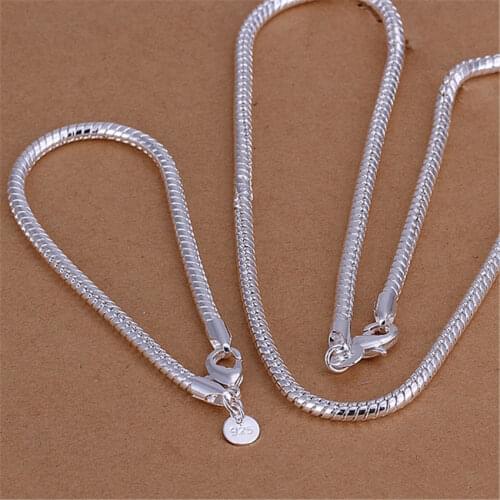 High quality Fine 3MM Snake bone chain 925 Sterling Silver Bracelets necklaces Jewelry sets for men women fashion party Gifts