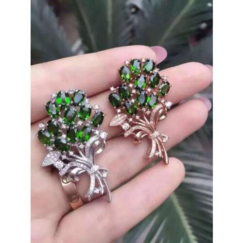 Natural diopside stone brooch S925 silver Natural gemstone brooch Pendant trendy Elegant flowers women two wears party jewelry