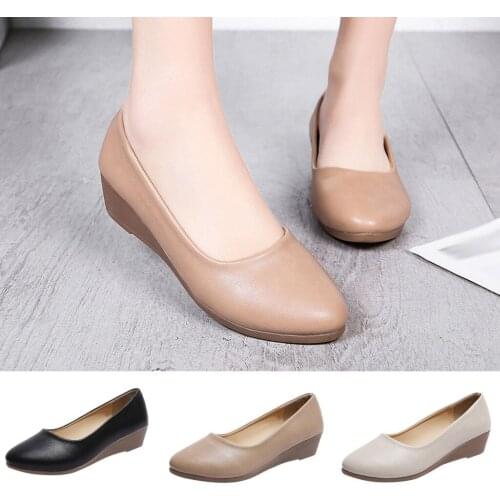 Womens Wedge Casual Shoes Round Head Pumps Wild Professional Work Shoes Solid Sewing Fashion Single Shoes Office Lady Shoes