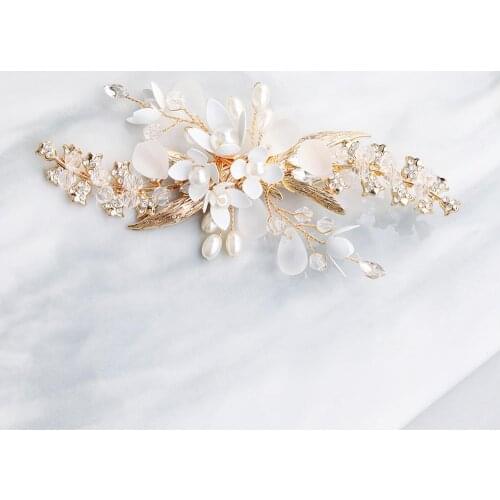 Pretty Gold Leaf Women Hair Clip Pearls Bridal Jewelry Handmade Flower Wedding Hair Ornament