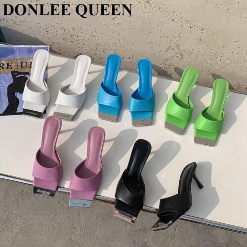 2021 Women Slippers Strappy Mules Shoes High Heels 7cm Sandals Flip Flops Metal Square Toe Slides Sandalias Mujer Big Size 35-41