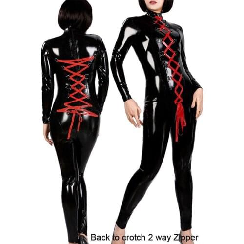 New Womens Sexy Vinyl Leather Catsuit 2017 Hot Pole Dance Latex Fetish Bodysuit Turtleneck Red Lace Up Leotard Clubwear