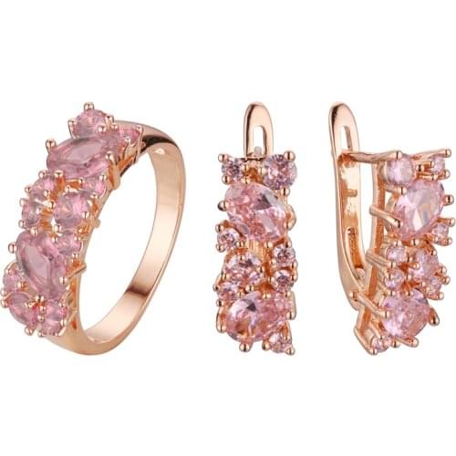 2021 New Fashion Jewelry Set Pink Stone Rose 585 Gold Color Lady Jewelry Accessories Office Style Ring Jewelry Set Gift