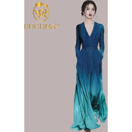 New Long Dress Runway High Quality Spring Summer New WomenS Fashion Vintage Elegant Chic V-Neck Long Sleeve Belts Party Dresses