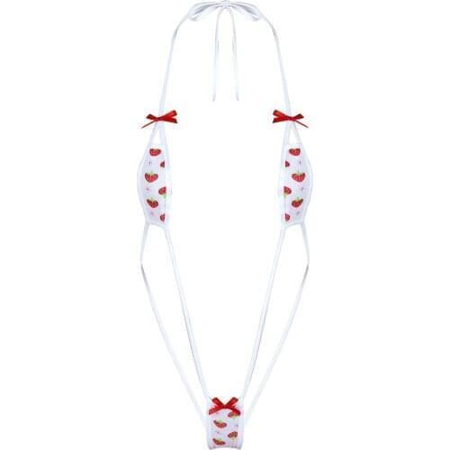 Womens Sexy Slingshot Lingerie Strawberry Pattern Halter Neck Mini Micro Bikini Bra Top with G-String Briefs Erotic Underwear