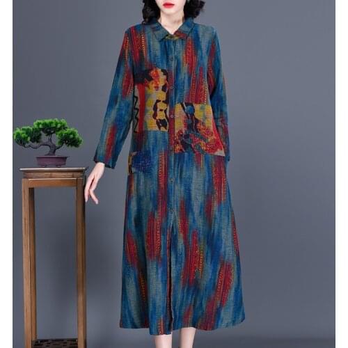 2021 Spring Autumn Women Vintage Long Dress Casual Long Sleeve Loose Floral Printed Dresses Robe Plus Size Vestidos 11570