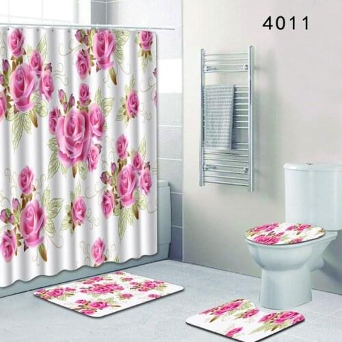 4pcs Natural Pattern Pink Rose Red Flower Polyester Bathroom Shower Curtain With Anti-Slip Bath Mat Carpet Set Washable Curtains