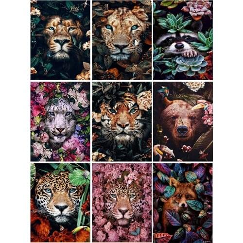 5D DIY Diamond Painting Tiger Lion Face Flowers Cross Stitch Kits Full Drill Embroidery Mosaic Art Picture of Rhinestones Decor