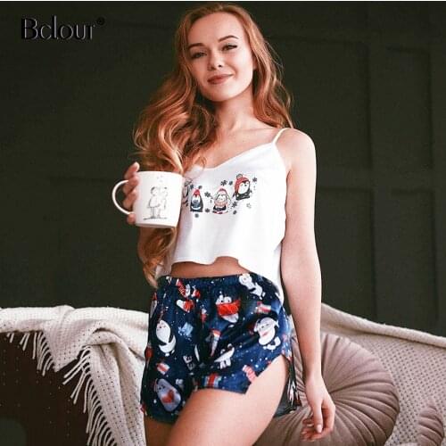 Bclout Sexy Penguin Print Lovely Two Piece Set Satin Spring Spaghetti Strap Crop Top High Waist Shorts Women Sets Chic 2021 New