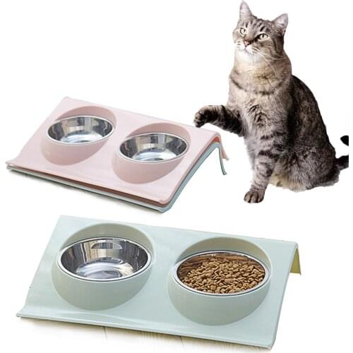 Stainless Steel Double Dog Bowl Slope Plastic Non-slip Pet Bowl Splash-proof Puppy Cats Feeder Food & Water Bowl Dog Accessories