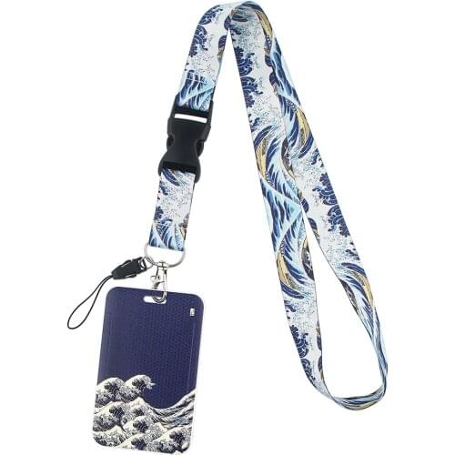 ER511 Blue Waves Painting Art Buckle Lanyard Credit Card ID Holder Bag Student Travel Bank Bus Business Card Cover Badge