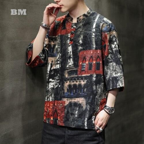 2021 Chinese Style Cotton Linen Short Sleeve T Shirt Disc Button Plus Size Tang Suit Fashion Casual Oversized Tops Men Clothing