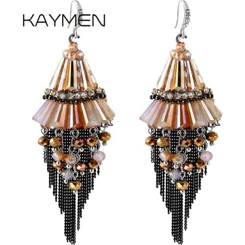 KAYMEN Handmade Bohemia Statement Earrings Dangle Crystals Chains Charm Tassels Earrings for Women Girl 2 Colors EA-03206