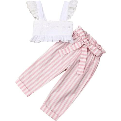 1-6Y Kids Girl Clothing Set Lace White Tank Tops Striped Long Pant Trouser 2PCS Summer Clothes