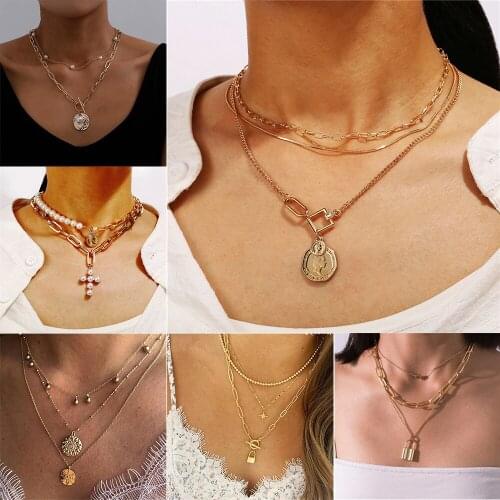 LIMARIO Punk Big Link Chain Necklace Choker for Women Steampunk Multi Layered Coin Pendant Necklace Statement Jewelry