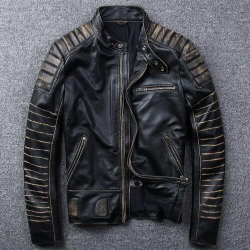 2021 New Motorcycle Genuine Leather Jacket Mens Retro Old Edging Cowhide Jacket Stand-up Collar Single Coat