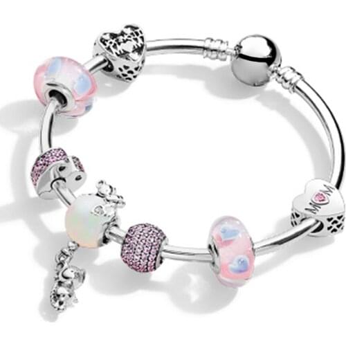 NEW 100% 925 Sterling Silver Brand New 1:1 Genuine Charm Heart-Shaped Pink Bracelet Set For Mothers Day Gift