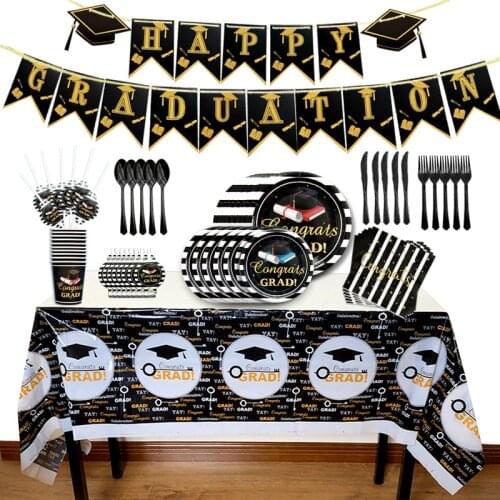 Gold Black Congrats Graduates Theme Disposable Tableware Sets Happy Graduation Party Decorations Supplies Banner Balloons Set