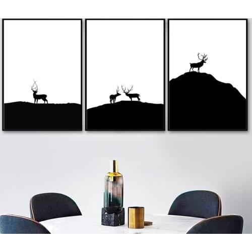 Deer Mountain Landscape Wall Art Canvas Painting Black White Nordic Posters And Prints Wall Pictures For Living Room