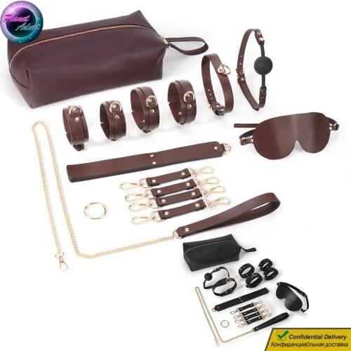 Genuine Leather Couple BDSM Kit Sexual Bandage Set Blindfold Handcuffs Shackles Leash Chain Sex Toys for Women Lesbian Gay Men